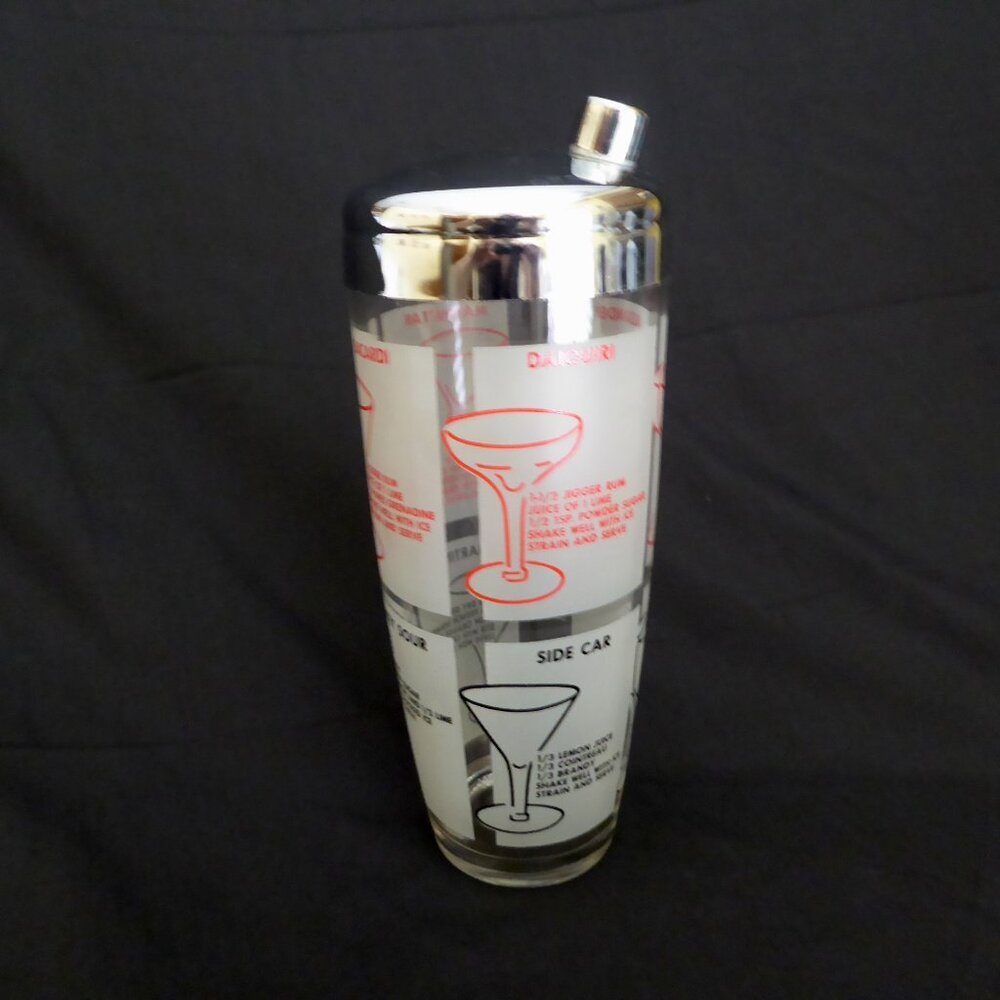 VINTAGE MID CENTURY MODERN 9.75” CLASSIC GLASS COCKTAIL SHAKER RECIPE GRAPHICS